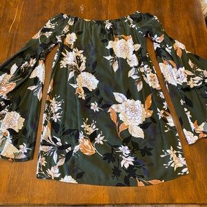 Off The Shoulder Deep Green Floral Dress w/ Bell Sleeves